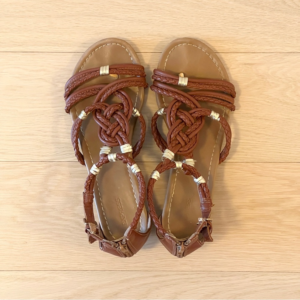 Express Brown and Tan Wedges Braided Strappy Sandals - Size 7